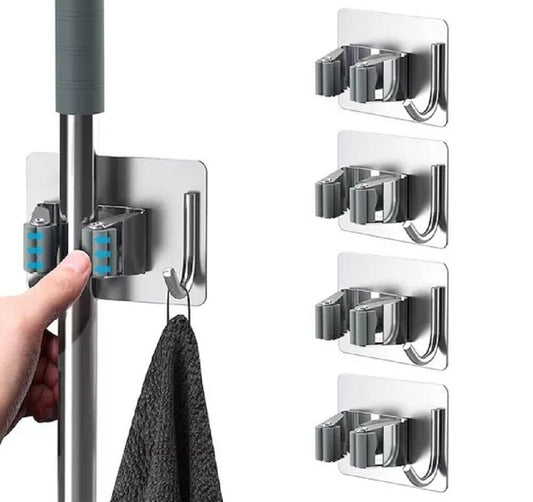 4 Pcs Stainless Steel Mop & Broom Holder Set – Self-Adhesive Wall-Mount Grippers for Tidy Storage