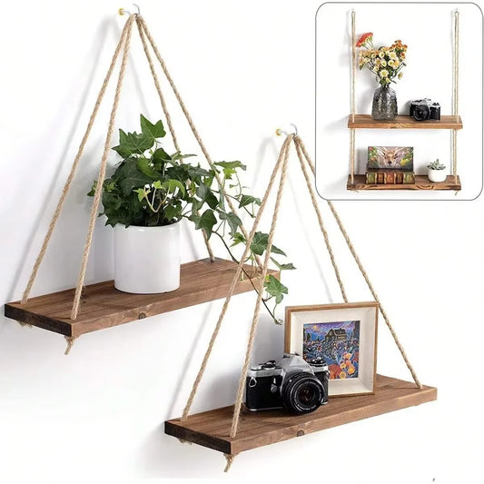 1PC Rustic Wooden Swing Shelf | Hanging Rope Wall-Mounted Display Tray – Plant Pot Stand & Boho Home Décor