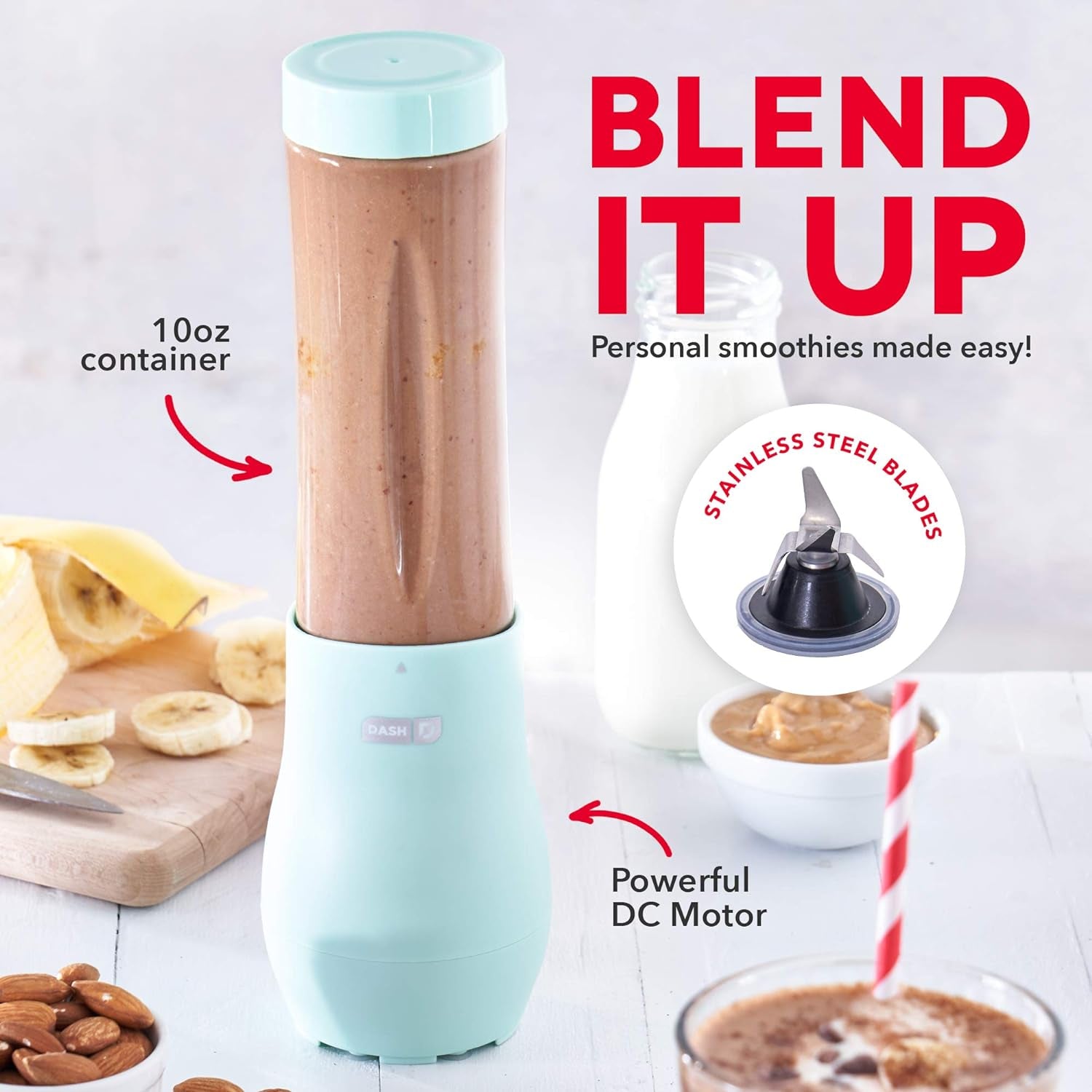  Mighty Mini 10oz Personal Blender – Compact Bottle Blender with Travel Lid | Aqua